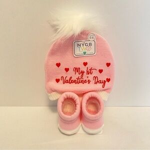NYGB Baby Girl 1st Valentine's Day Hat & Sock Booties Size 0-6 Months NWT